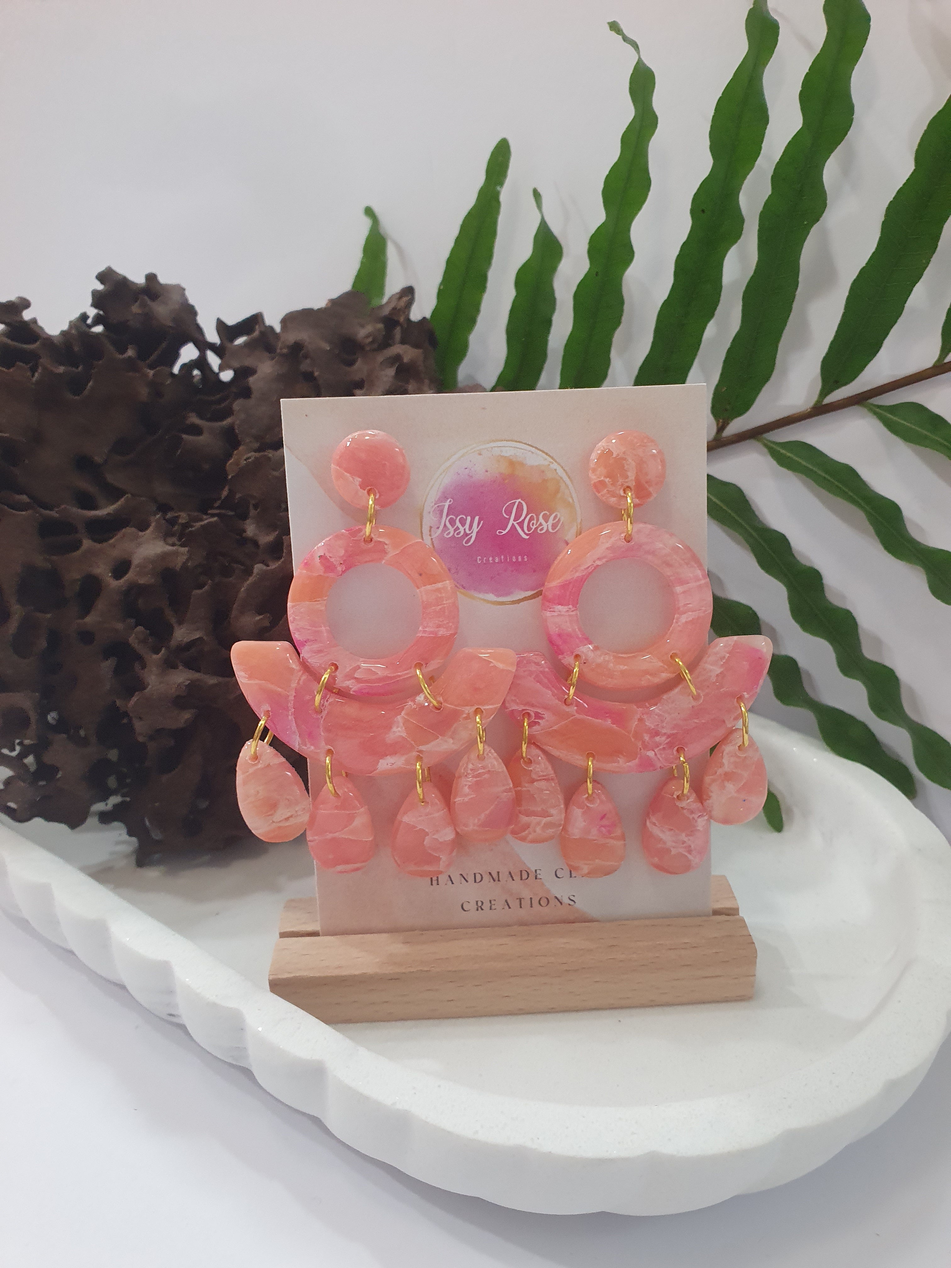 Rose quartz and gold extra large dangle polymer clay earrings