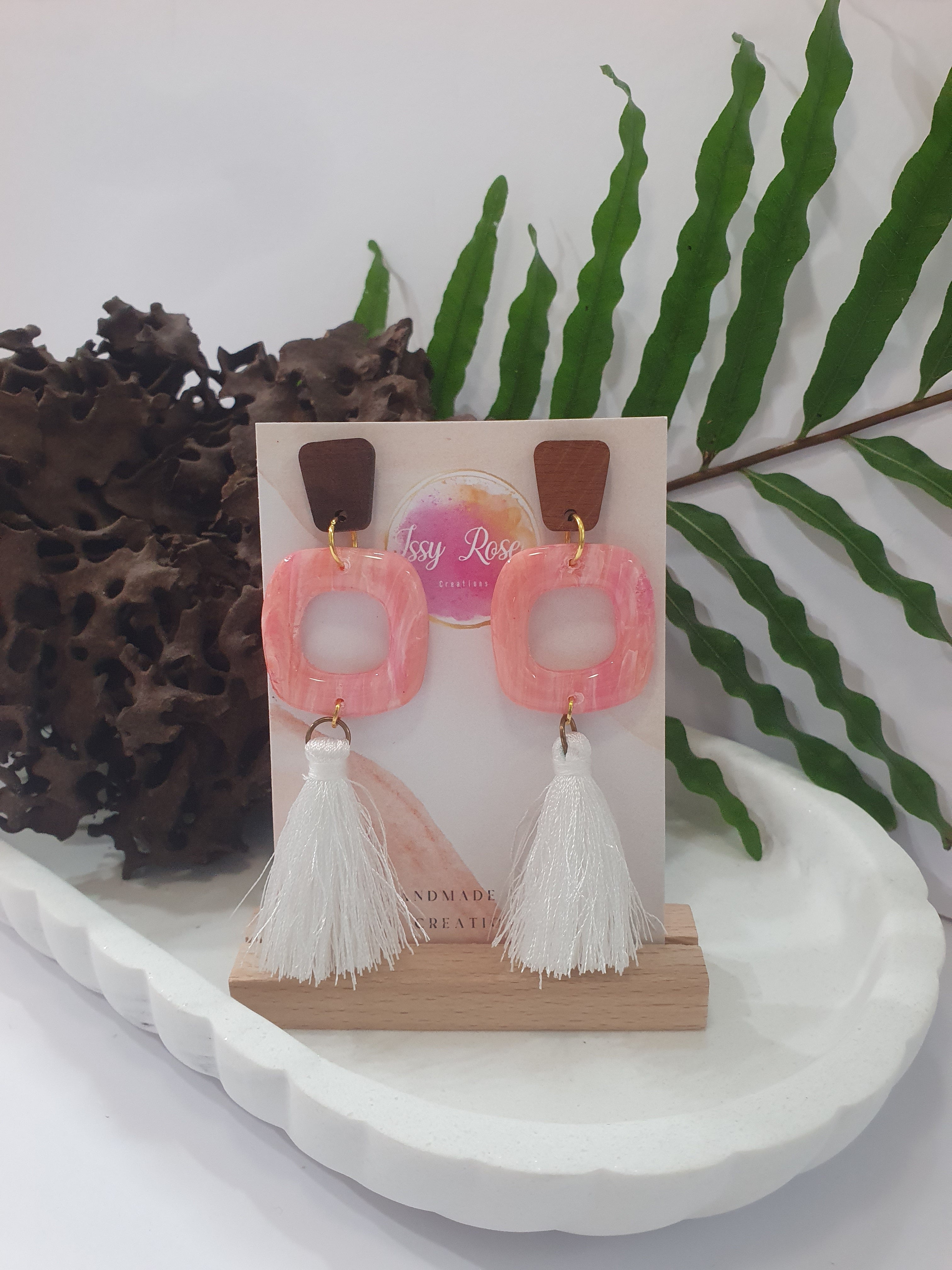 Rose quartz Polymer Clay, wood and tassel earrings
