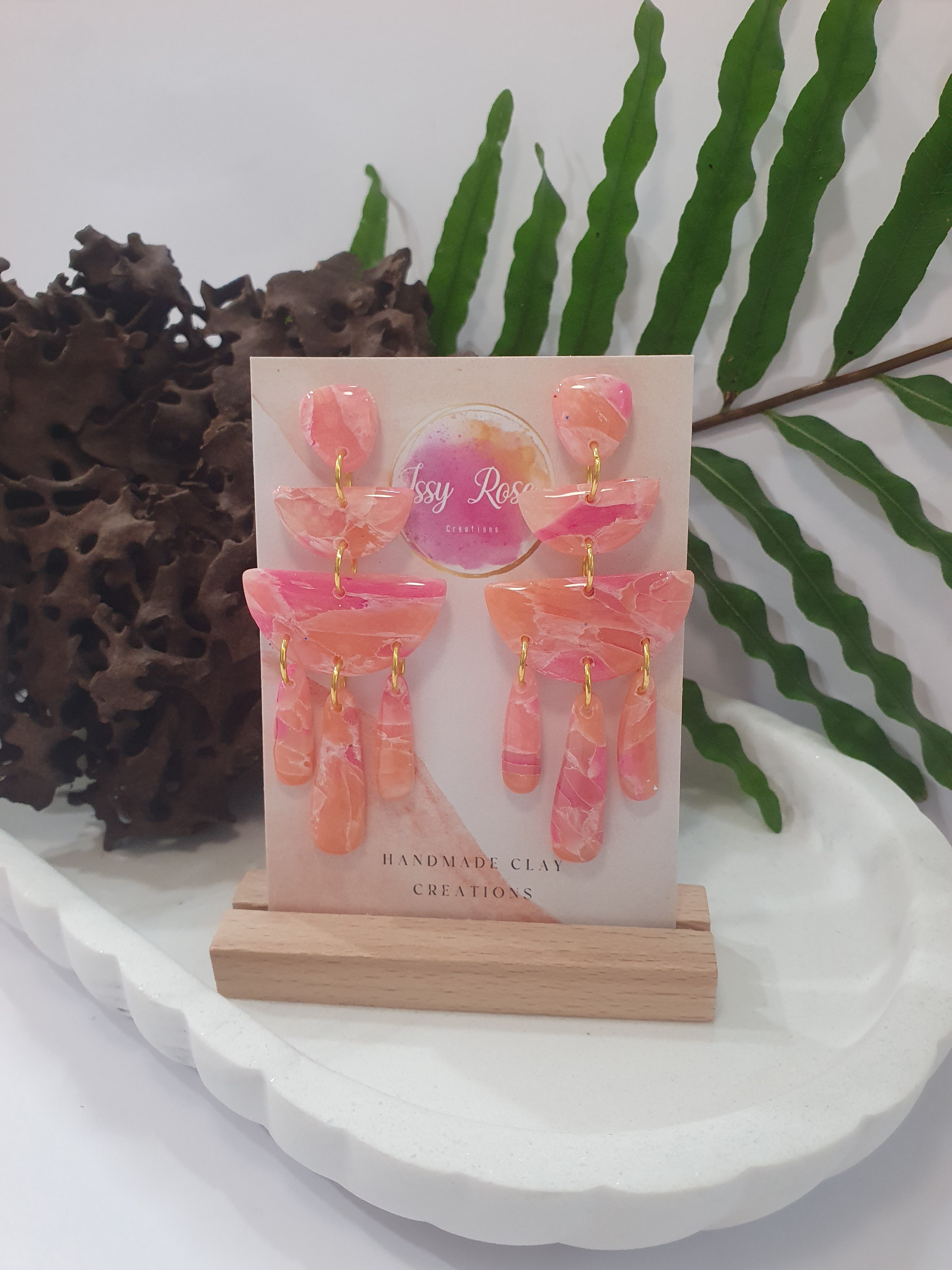 Rose quartz long dangle polymer clay earrings