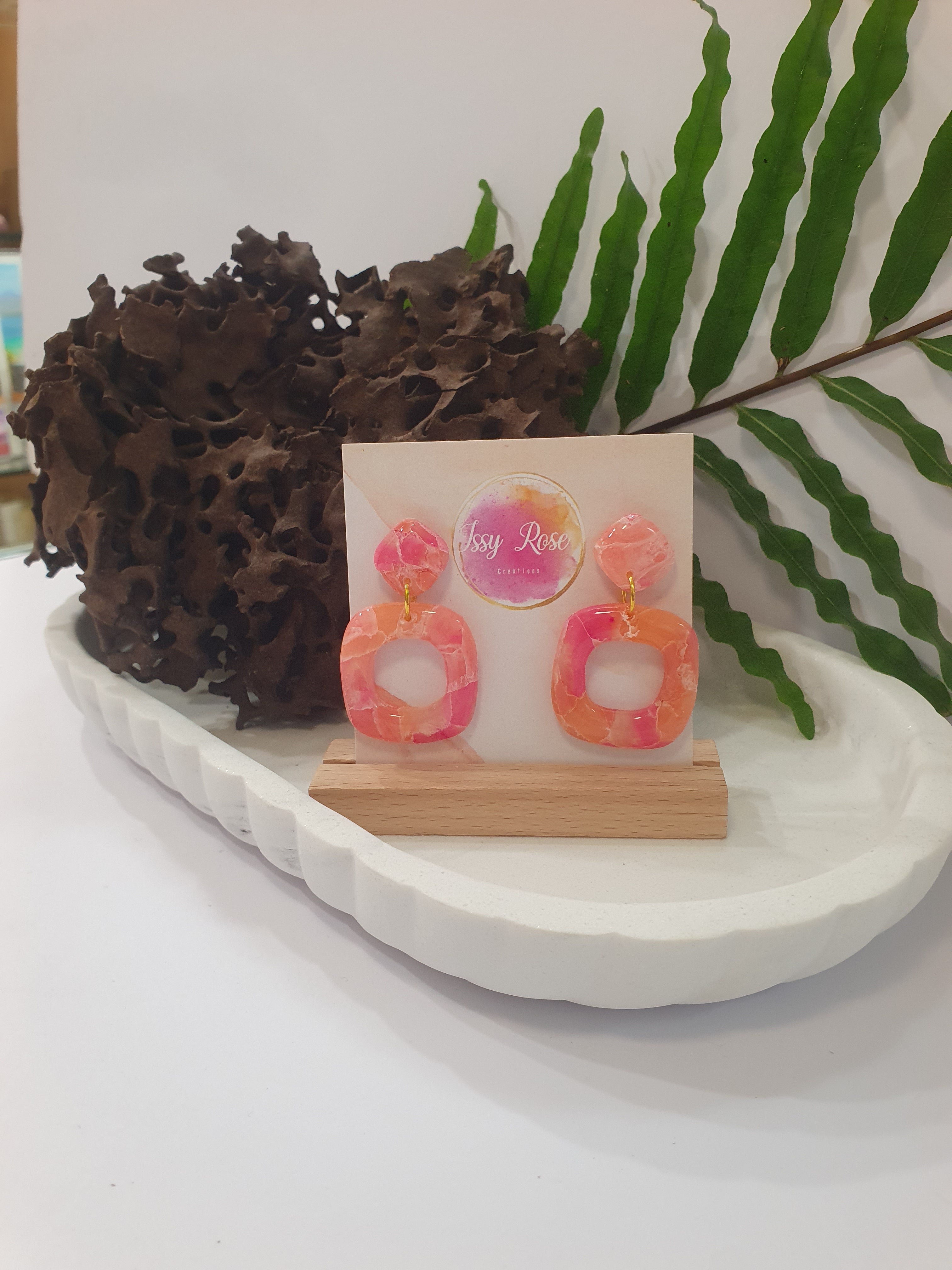 Rounded square rose quartz Polymer Clay earrings