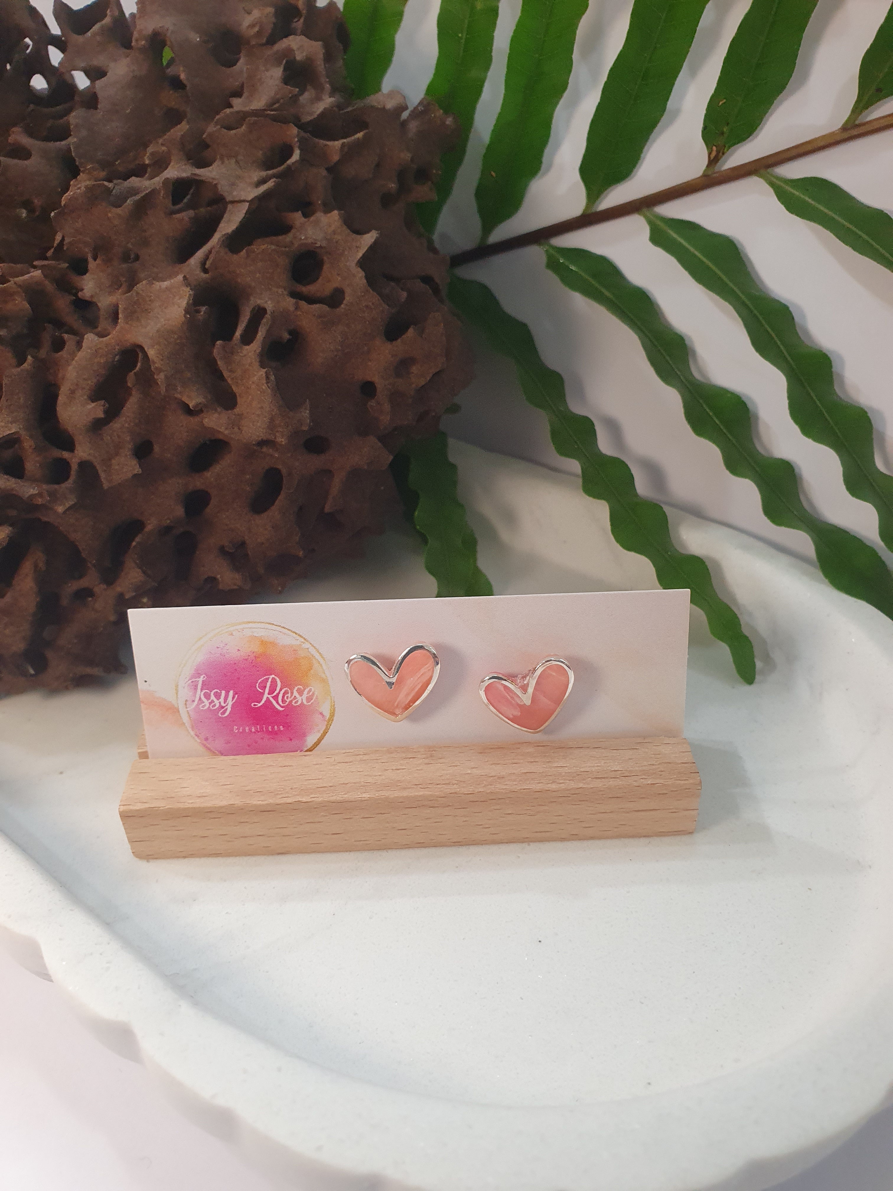 Rose quartz silver heart Polymer Clay stud earrings