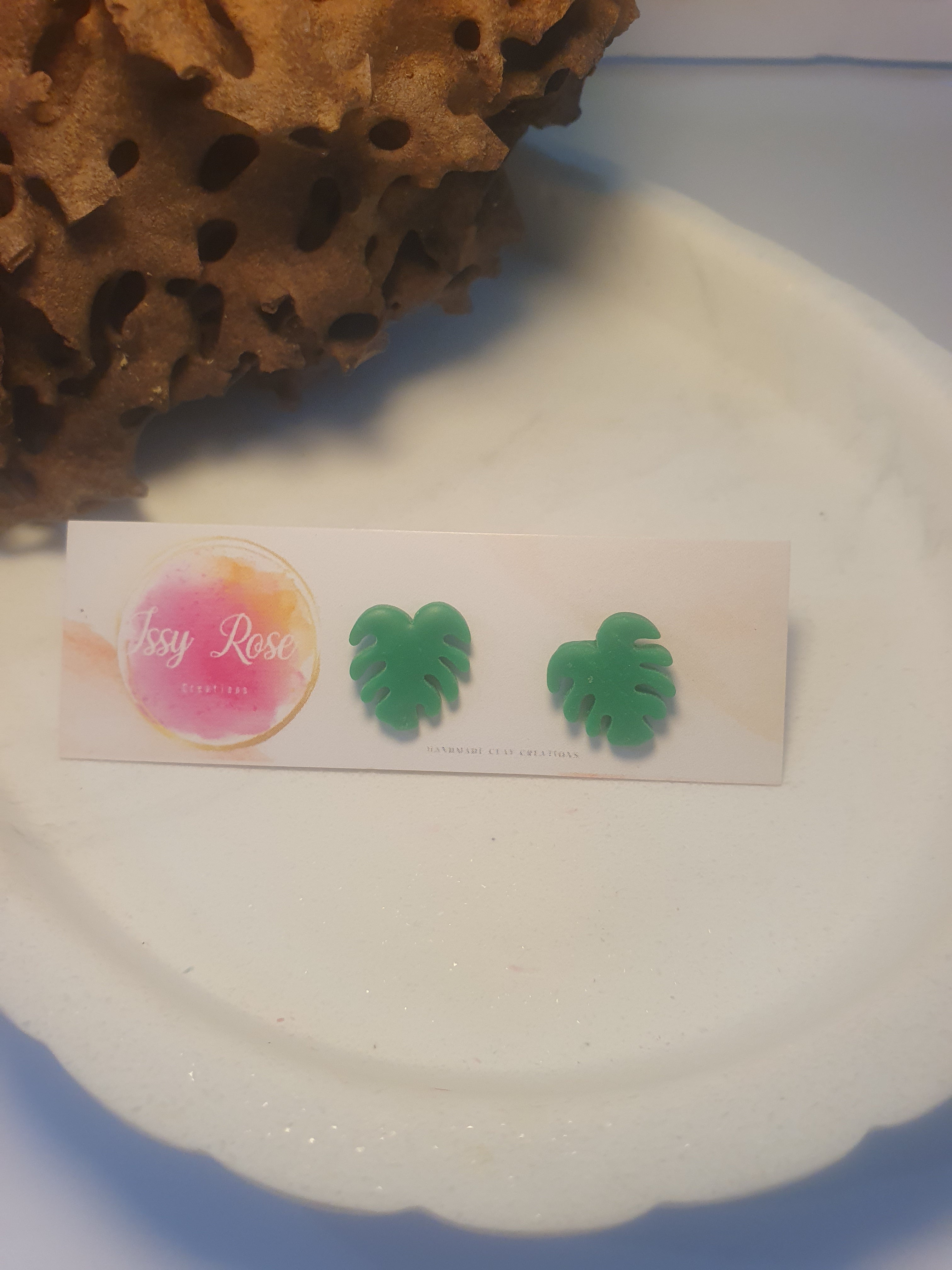 monstera leaf polymer clay stud earrings