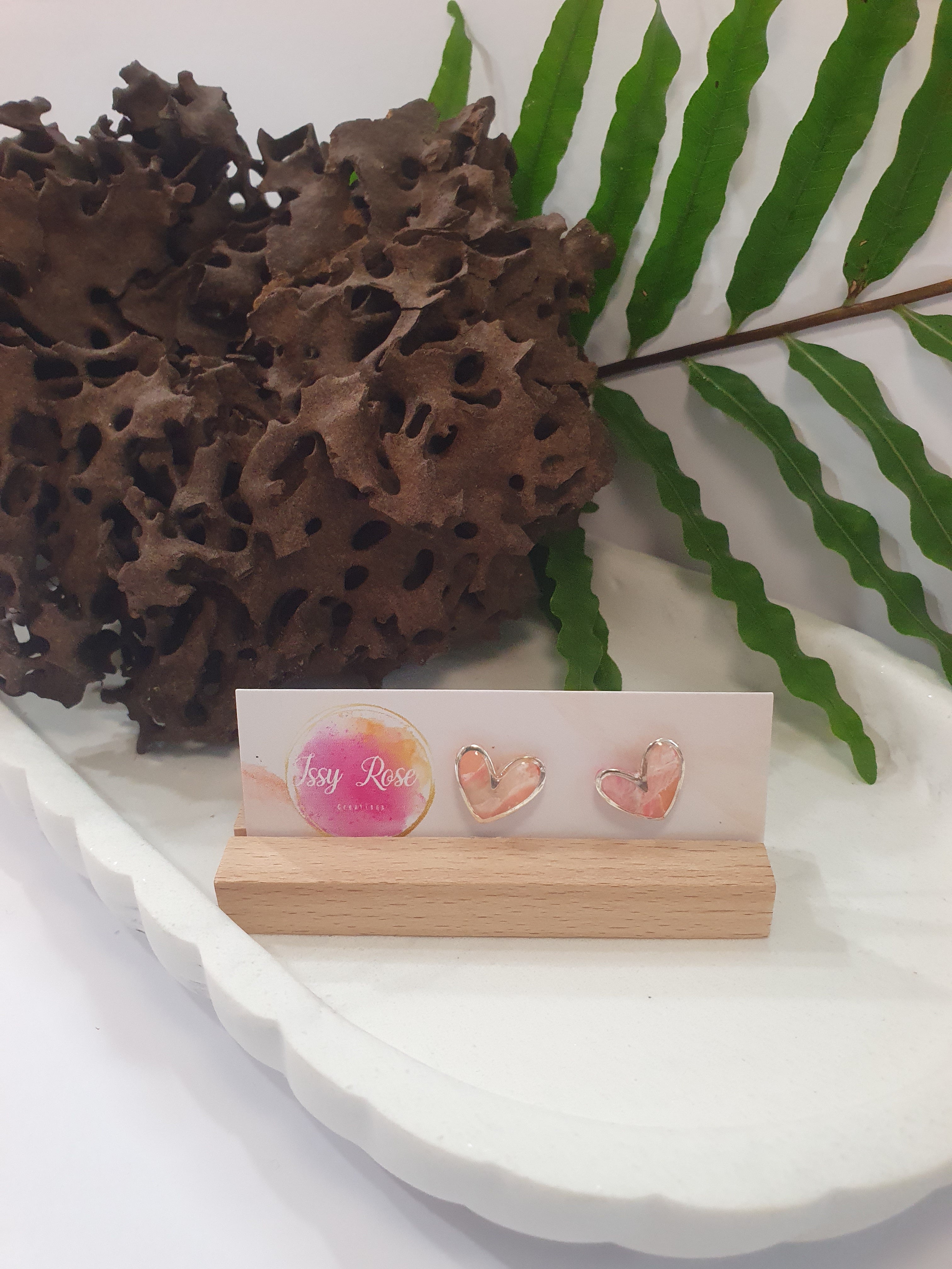 Rose quartz silver heart Polymer Clay stud earrings